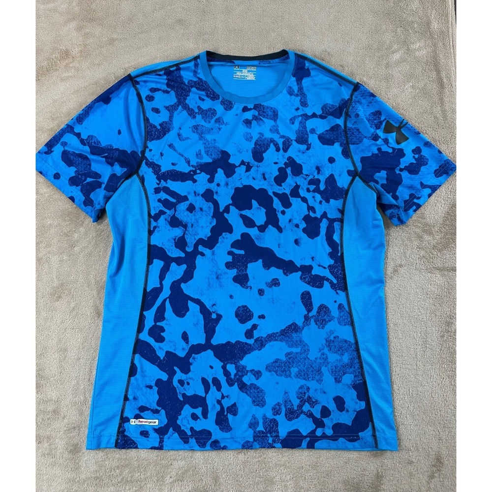 Under Armour HeatGear Fitted Short Sleeve Men Size XL/TG  Blue Camo athletic EUC